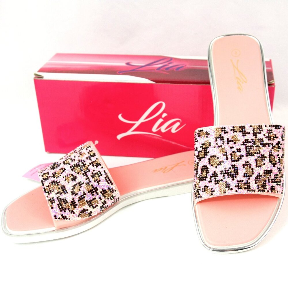 NEW Lia Pink Leopard Rhinestone Sparkle Rubber Sole Sandals Slip Ons Slides 8